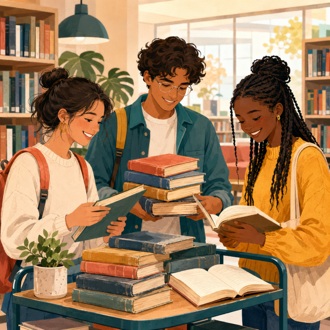 tre studenti leggono dei libri in una biblioteca